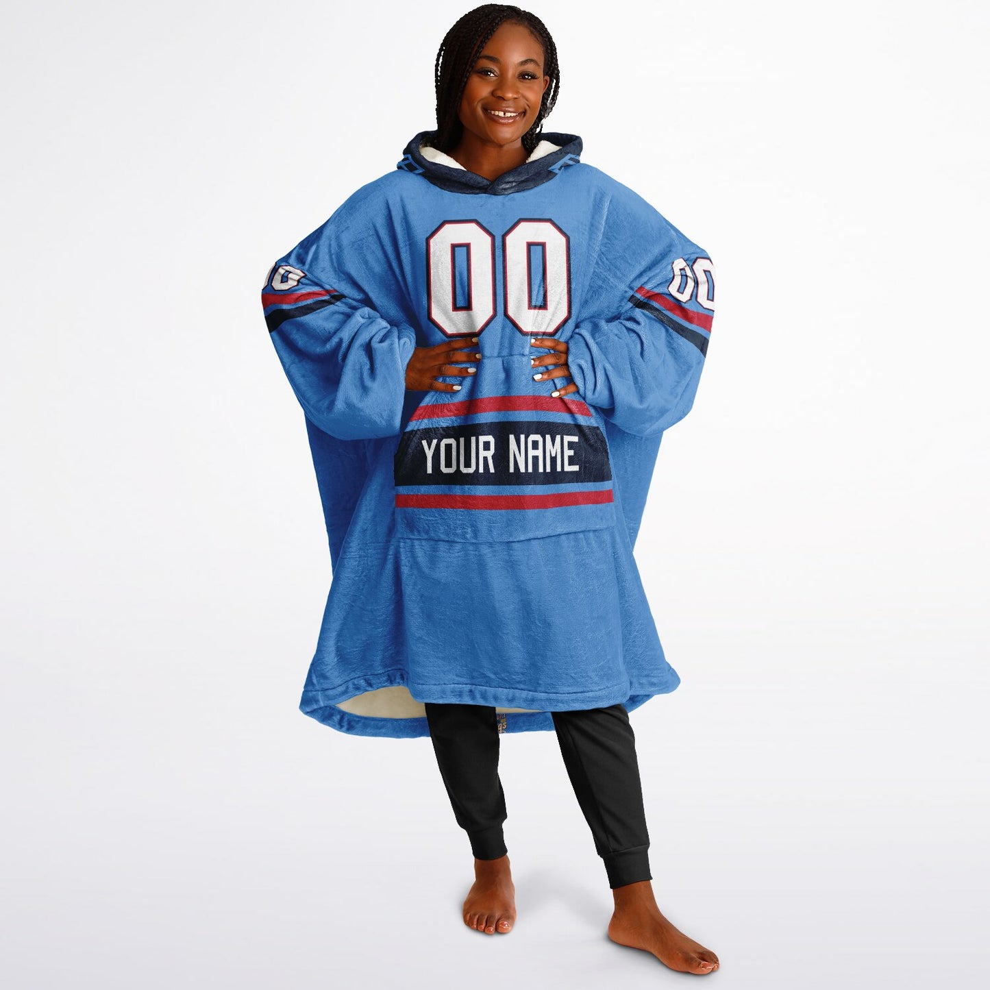 Light blue, navy, and red classic snug hoodie featuring authentic jersey striping and personalized number details.