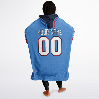 Light blue, navy, and red classic snug hoodie featuring authentic jersey striping and personalized number details.
