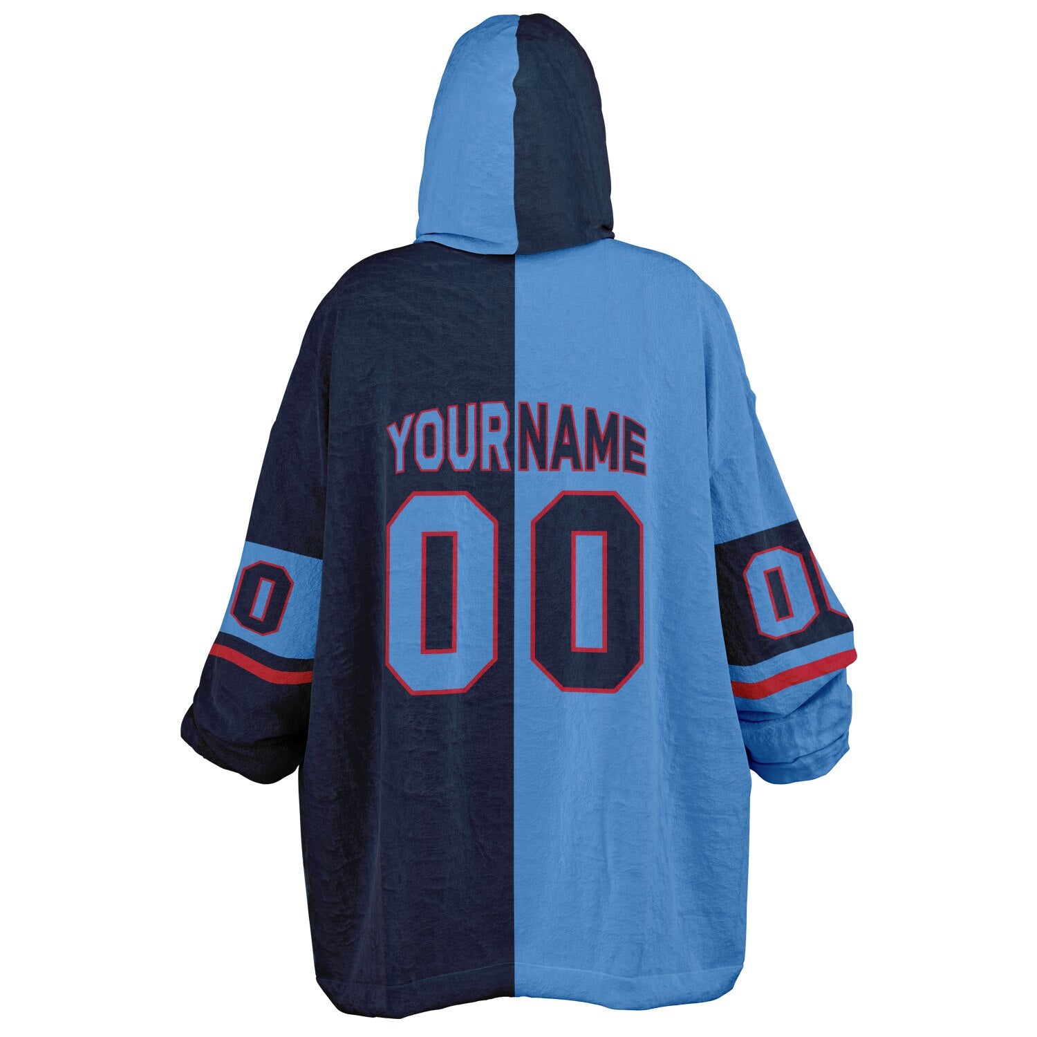 Light blue, navy, and red halftime snug hoodie with three-tone split design and cozy fleece texture.
