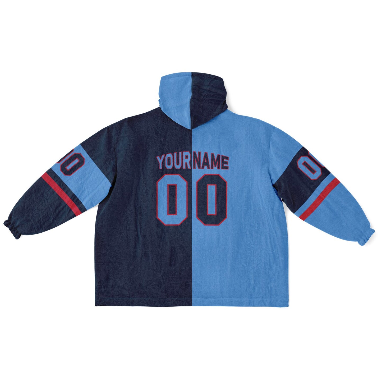 Light blue, navy, and red halftime snug hoodie with three-tone split design and cozy fleece texture.