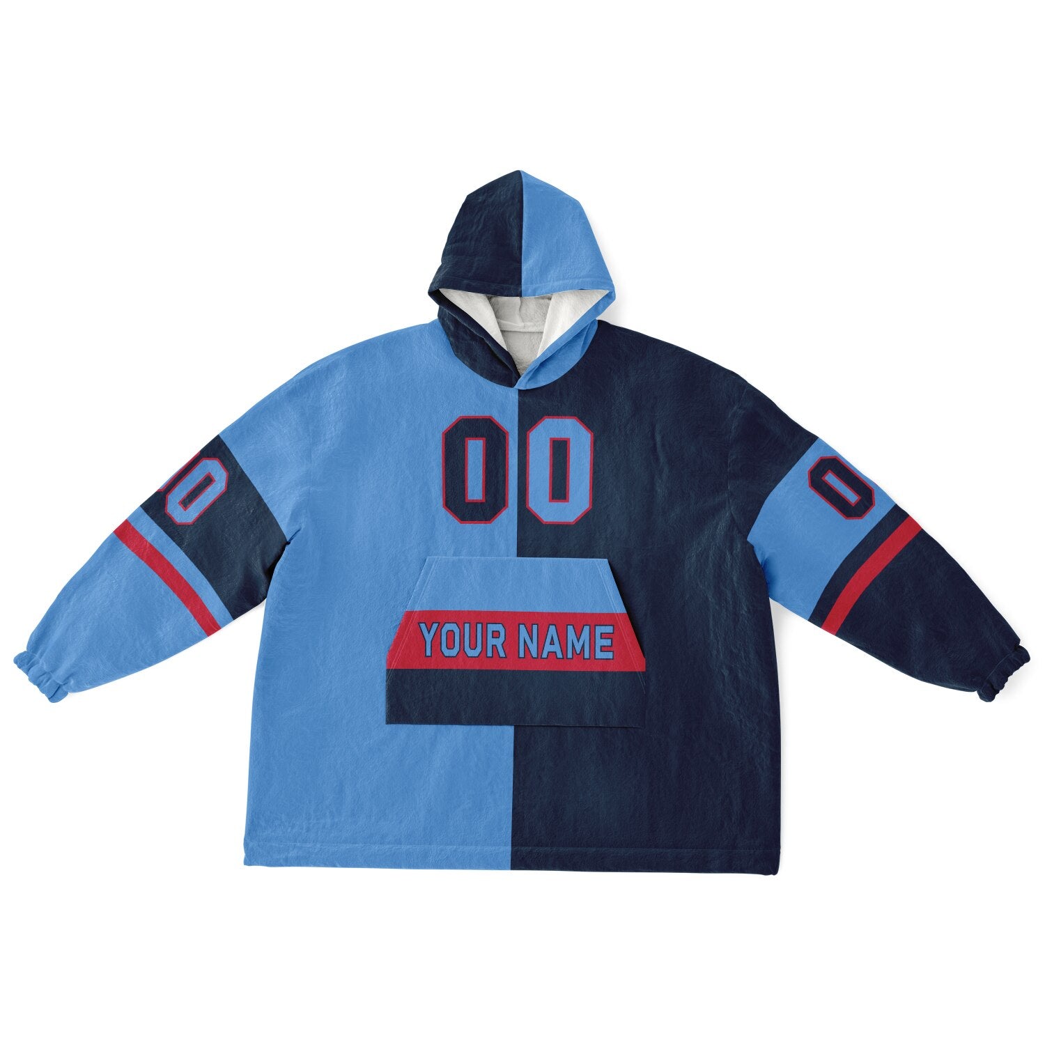 Light blue, navy, and red halftime snug hoodie with three-tone split design and cozy fleece texture.