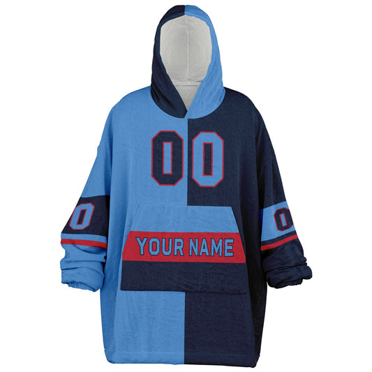 Light blue, navy, and red halftime snug hoodie with three-tone split design and cozy fleece texture.