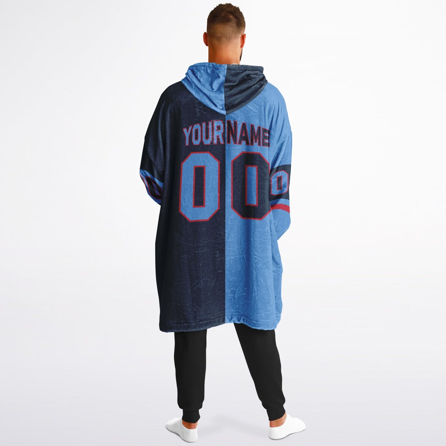 Light blue, navy, and red halftime snug hoodie with three-tone split design and cozy fleece texture.