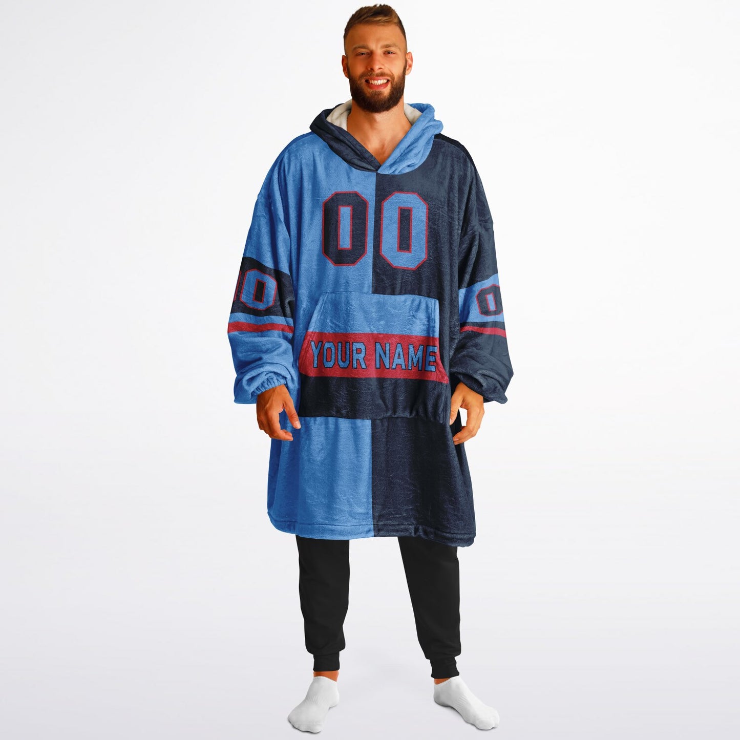 Light blue, navy, and red halftime snug hoodie with three-tone split design and cozy fleece texture.