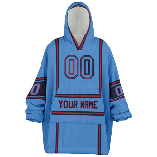 Light blue, navy, and red lineup snug hoodie with clean line work and subtle jersey influence.
