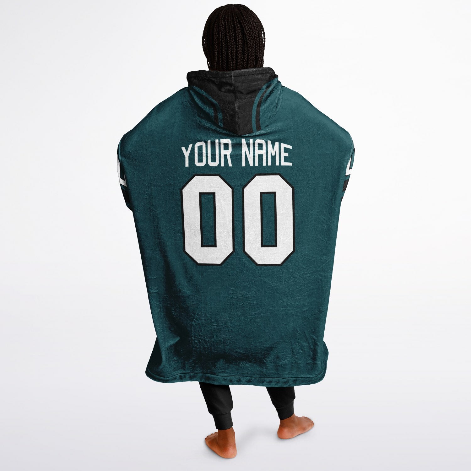 Midnight green and black classic snug hoodie featuring jersey-style stripes and personalized name and number.