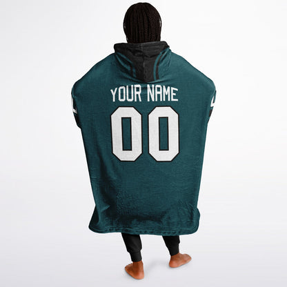 Midnight green and black classic snug hoodie featuring jersey-style stripes and personalized name and number.