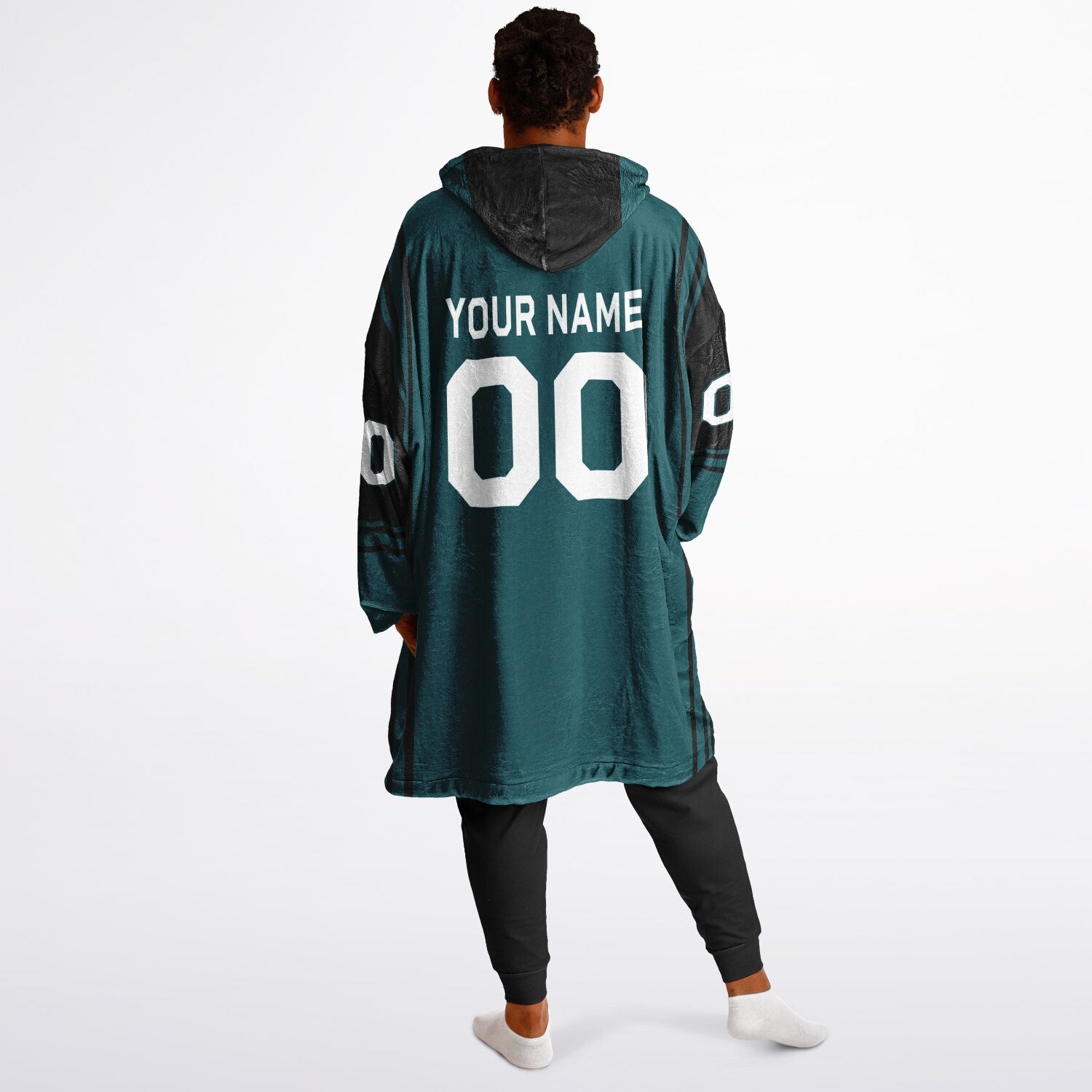 Midnight green and black bold snug hoodie with modern color-block design and soft loungewear fit.