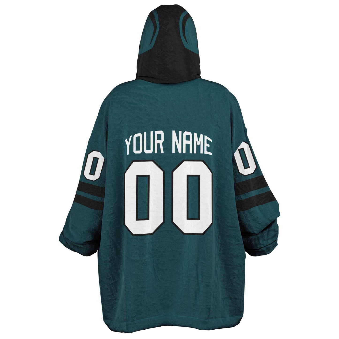 Midnight green and black classic snug hoodie featuring jersey-style stripes and personalized name and number.