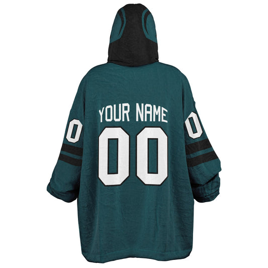Midnight green and black classic snug hoodie featuring jersey-style stripes and personalized name and number.