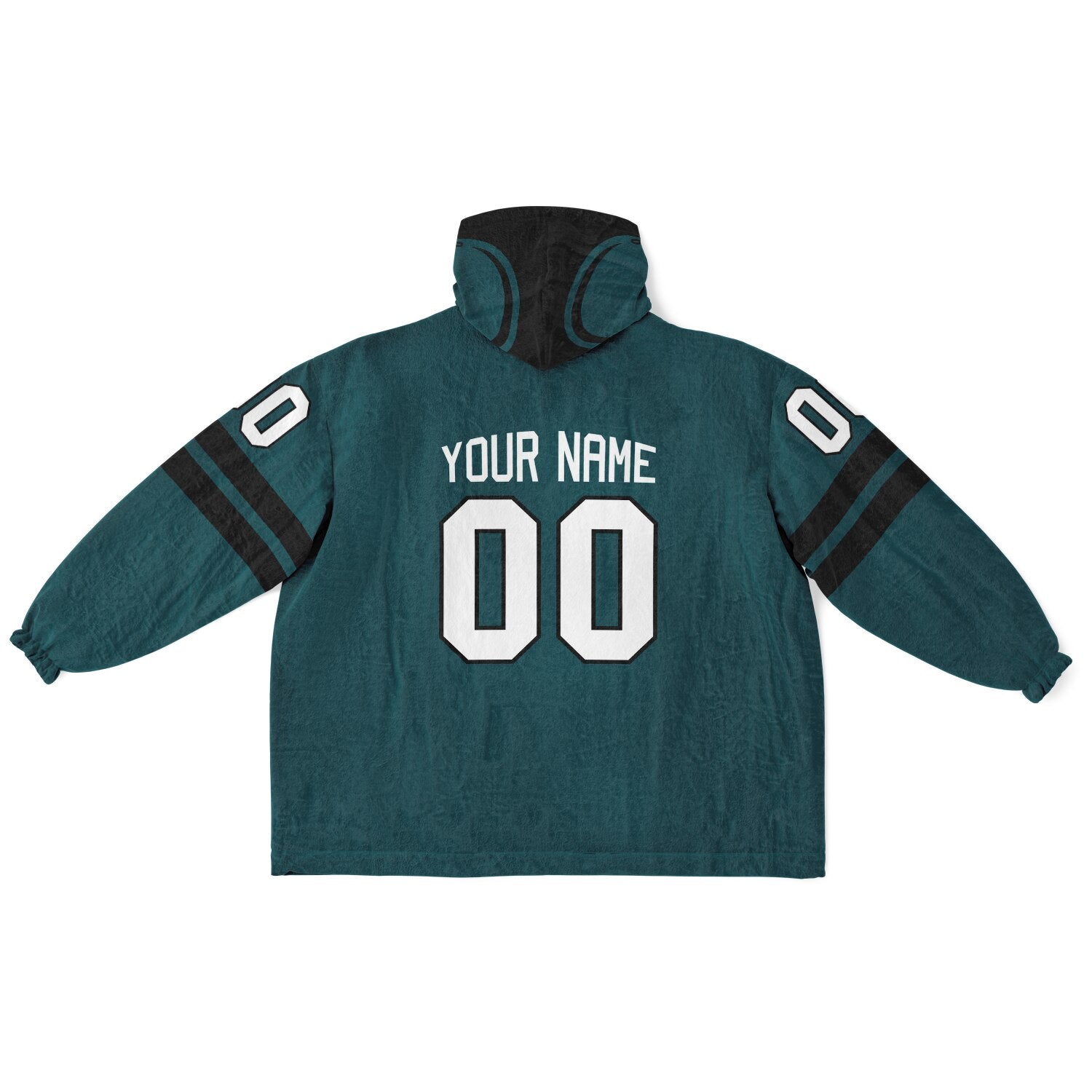 Midnight green and black classic snug hoodie featuring jersey-style stripes and personalized name and number.