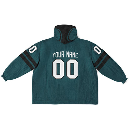 Midnight green and black classic snug hoodie featuring jersey-style stripes and personalized name and number.