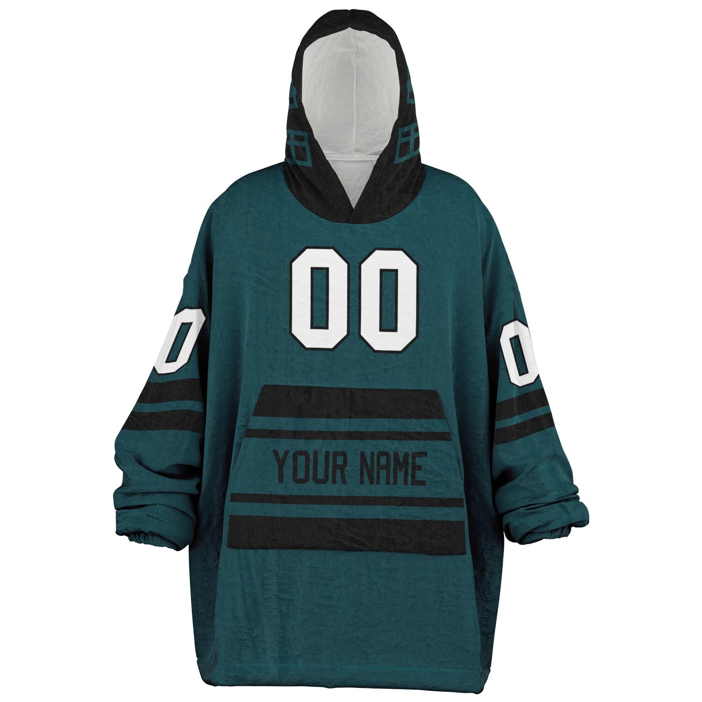 Midnight green and black classic snug hoodie featuring jersey-style stripes and personalized name and number.
