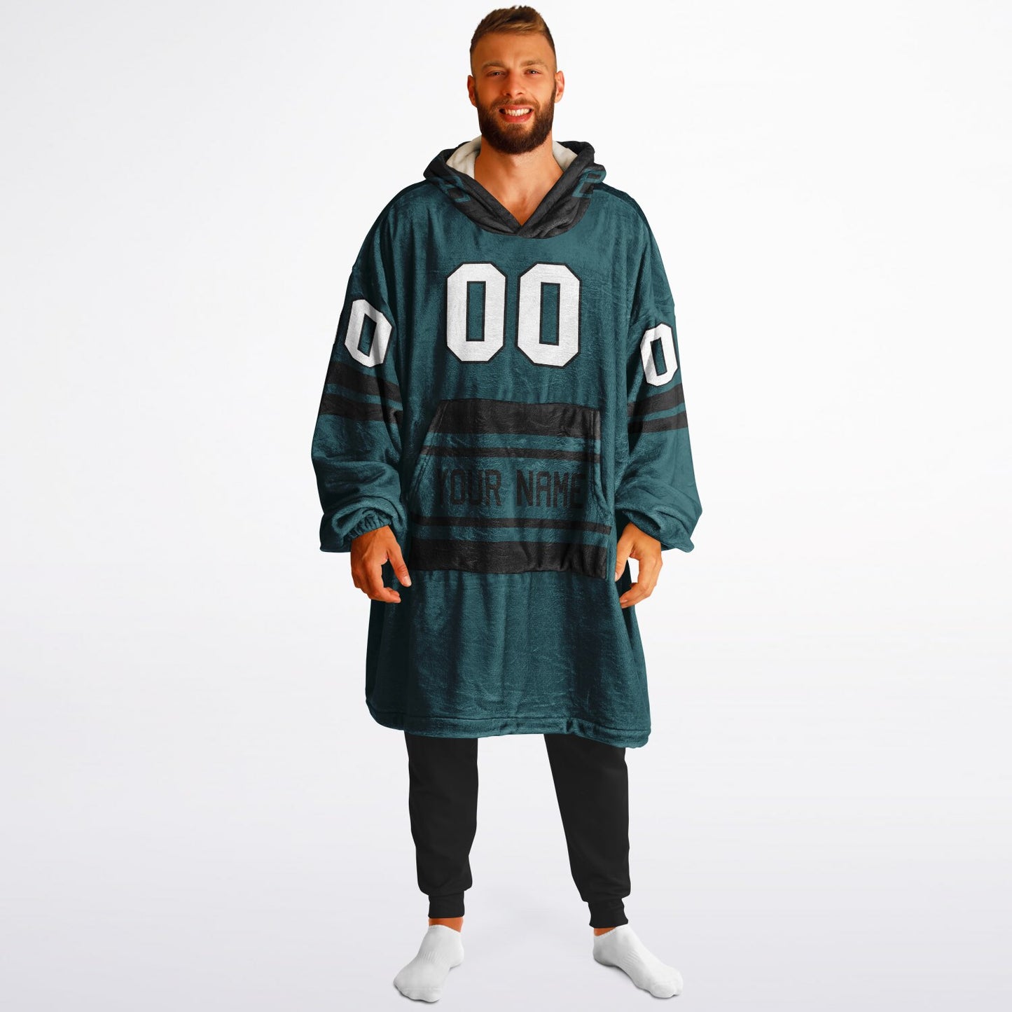 Midnight green and black classic snug hoodie featuring jersey-style stripes and personalized name and number.