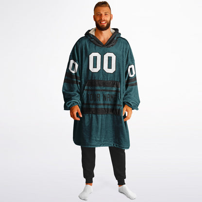 Midnight green and black classic snug hoodie featuring jersey-style stripes and personalized name and number.