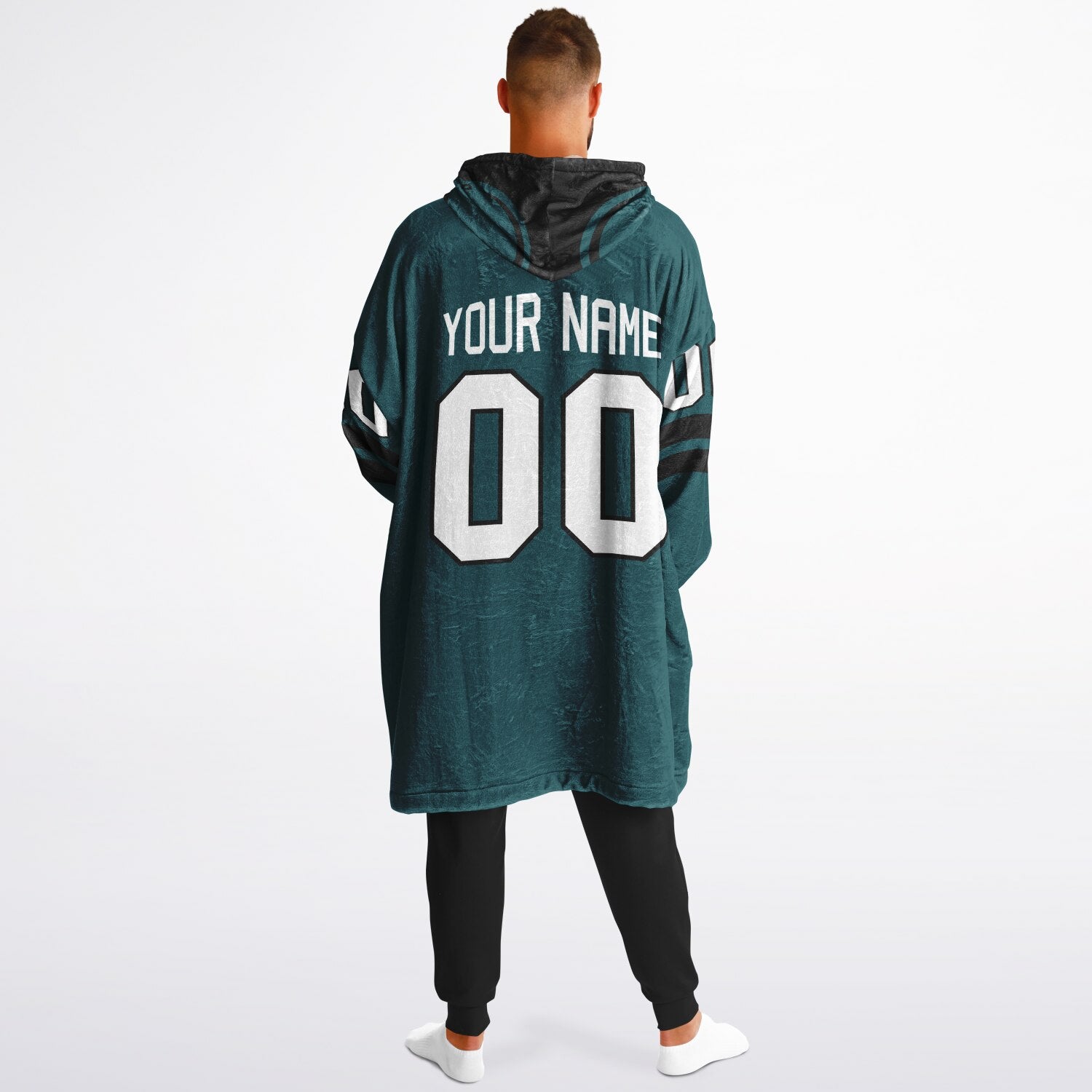 Midnight green and black classic snug hoodie featuring jersey-style stripes and personalized name and number.