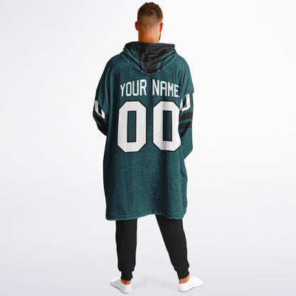 Midnight green and black classic snug hoodie featuring jersey-style stripes and personalized name and number.