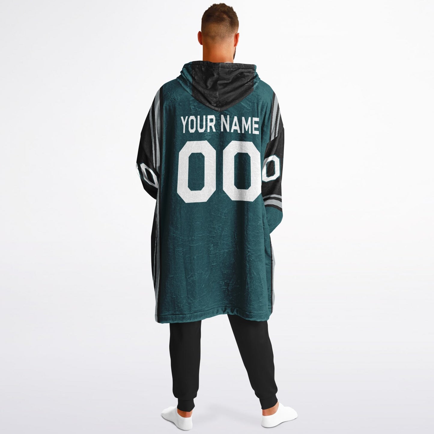 Midnight green, black, and silver bold snug hoodie with triple color blocking and a sporty aesthetic.