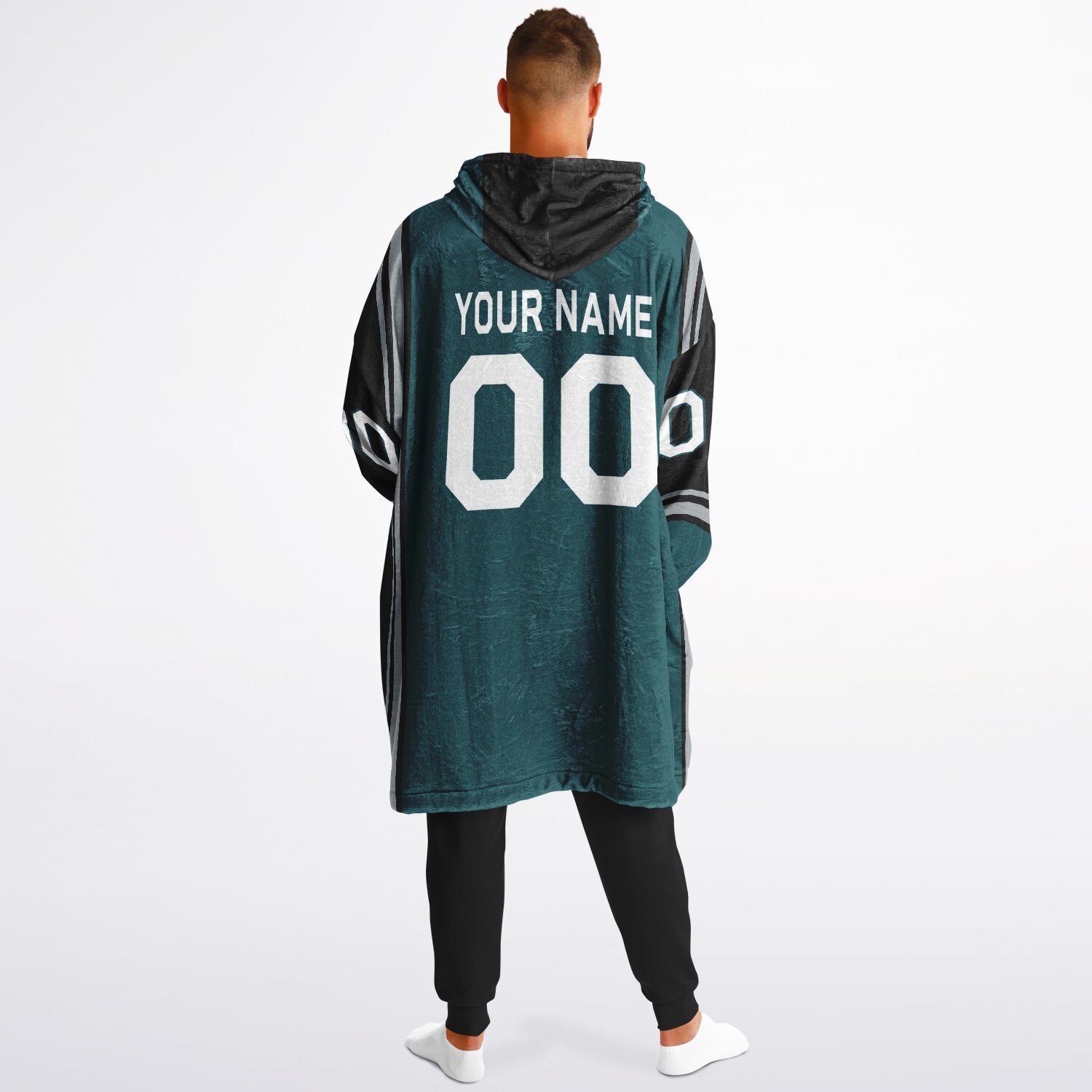 Midnight green, black, and silver bold snug hoodie with triple color blocking and a sporty aesthetic.