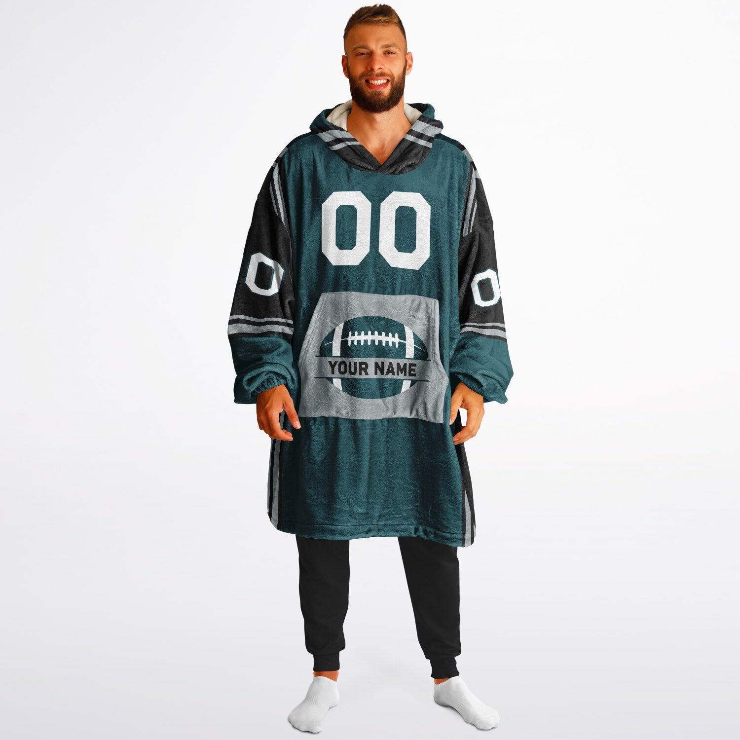 Midnight green, black, and silver bold snug hoodie with triple color blocking and a sporty aesthetic.