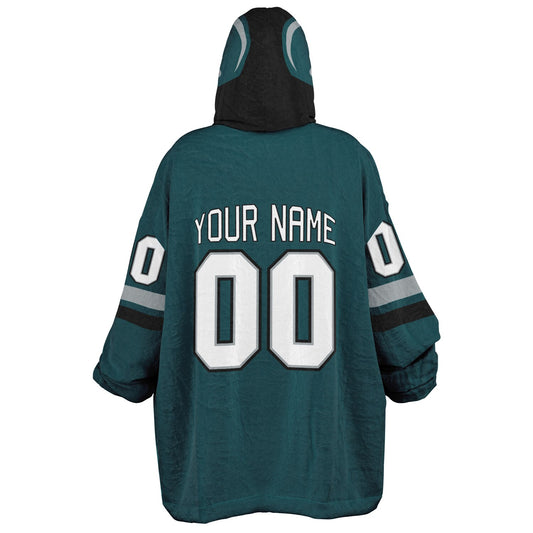 Midnight green, black, and silver classic snug hoodie featuring authentic jersey striping and personalized number details.