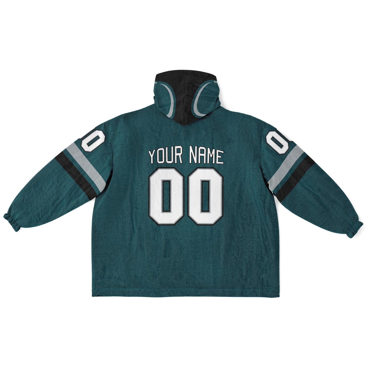 Midnight green, black, and silver classic snug hoodie featuring authentic jersey striping and personalized number details.