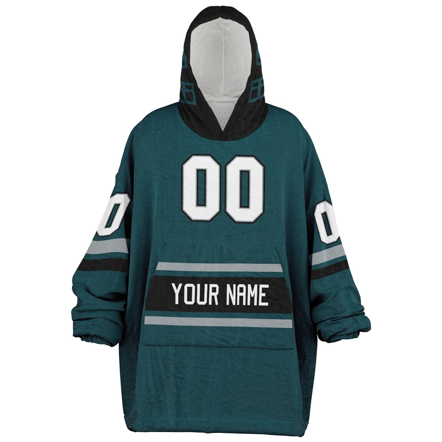 Midnight green, black, and silver classic snug hoodie featuring authentic jersey striping and personalized number details.