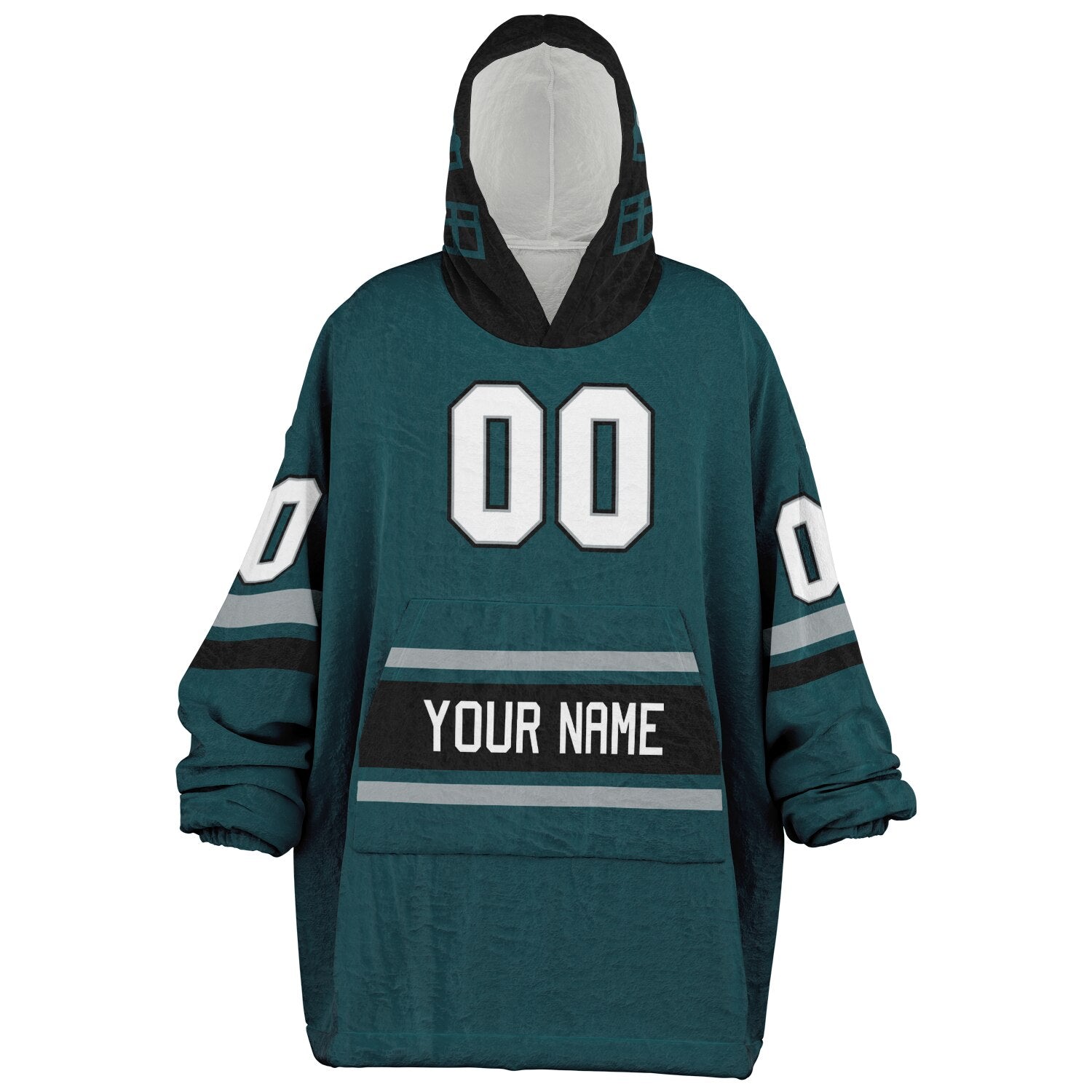 Midnight green, black, and silver classic snug hoodie featuring authentic jersey striping and personalized number details.