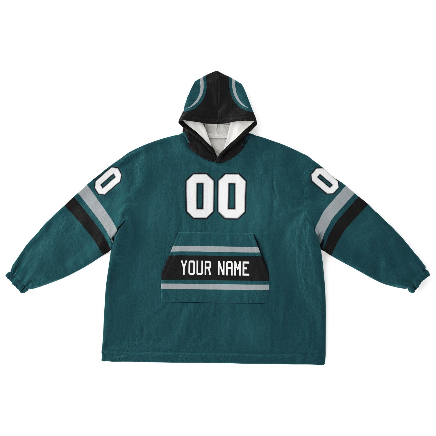 Midnight green, black, and silver classic snug hoodie featuring authentic jersey striping and personalized number details.