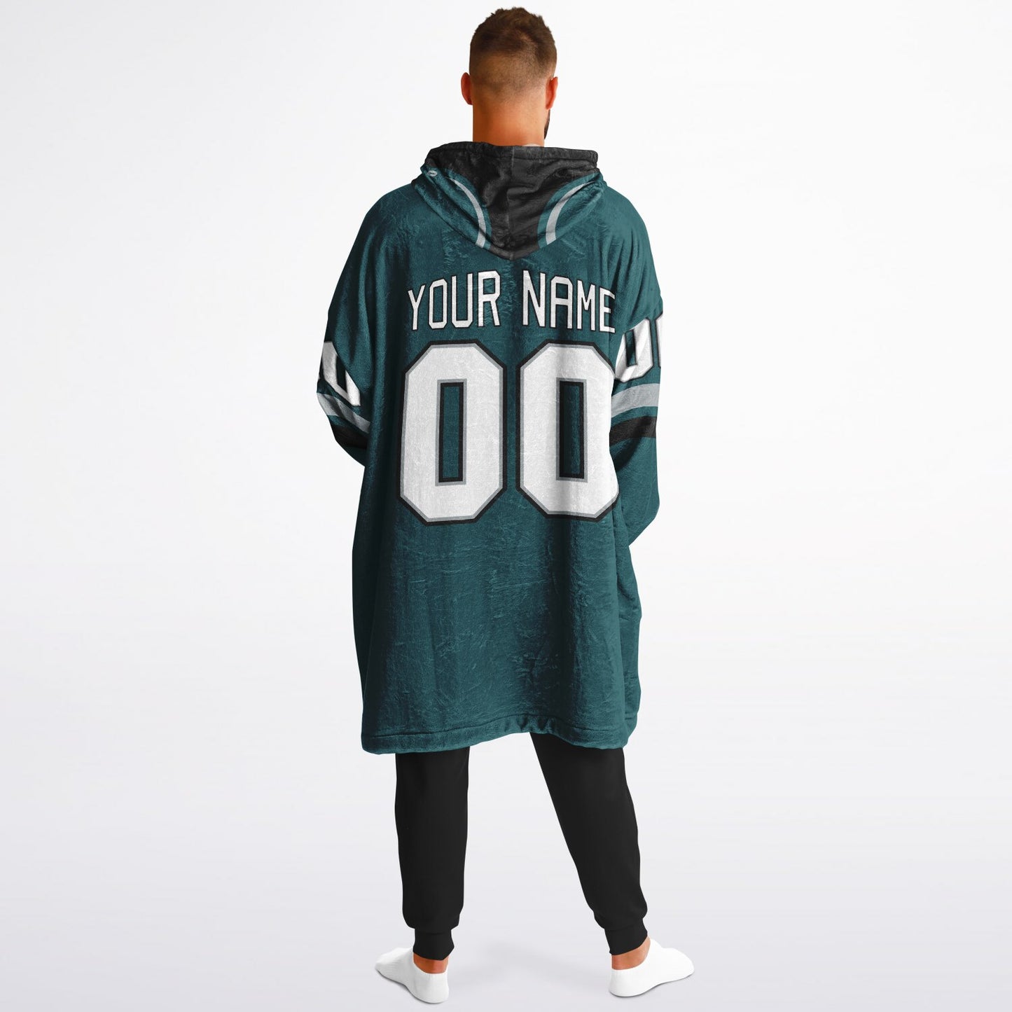 Midnight green, black, and silver classic snug hoodie featuring authentic jersey striping and personalized number details.