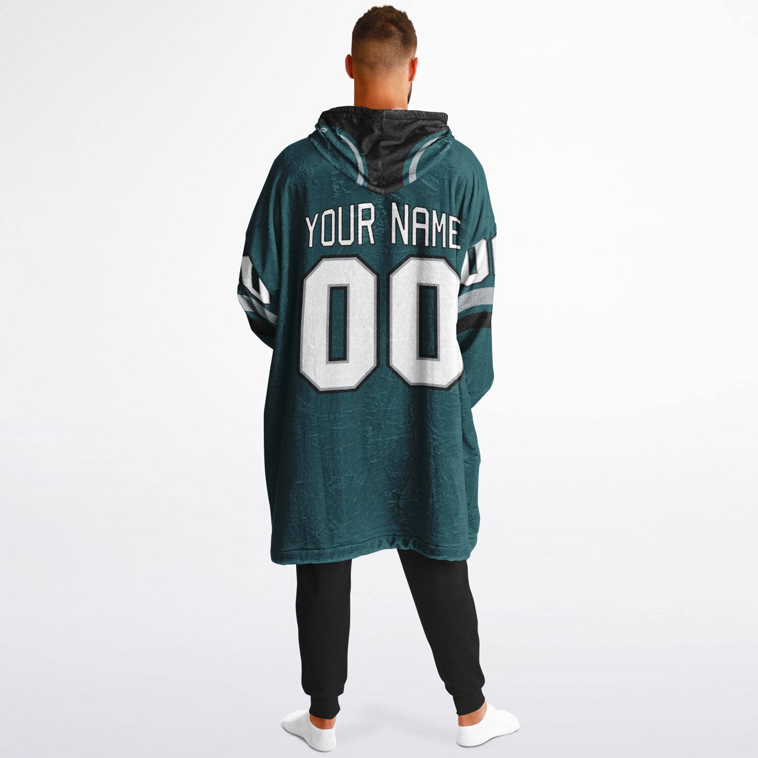 Midnight green, black, and silver classic snug hoodie featuring authentic jersey striping and personalized number details.