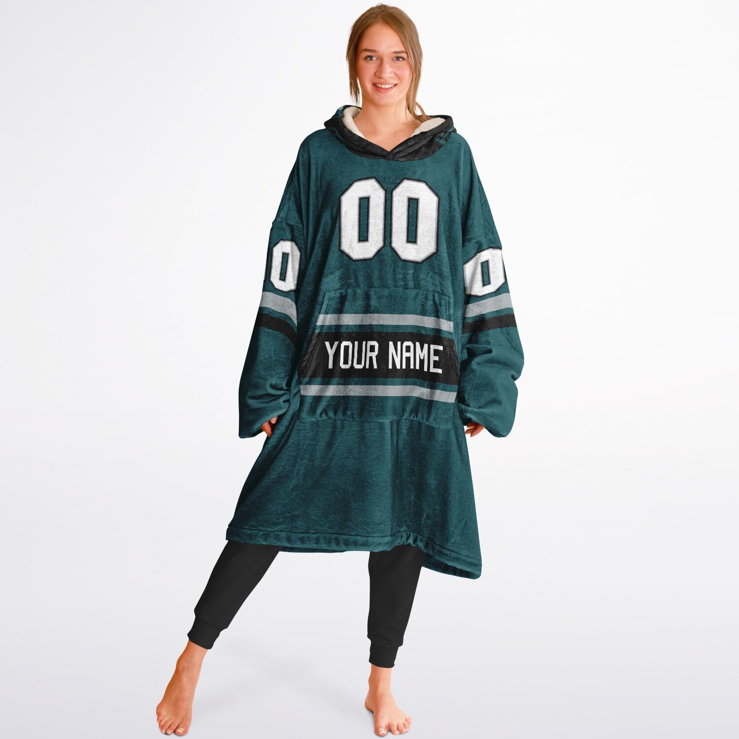 Midnight green, black, and silver classic snug hoodie featuring authentic jersey striping and personalized number details.