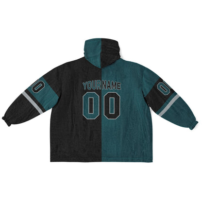Midnight green, black, and silver halftime snug hoodie with three-tone split design and cozy fleece texture.