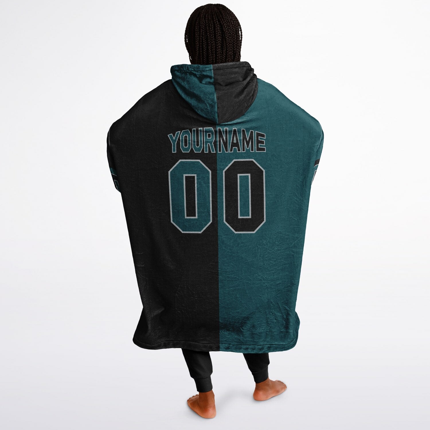 Midnight green, black, and silver halftime snug hoodie with three-tone split design and cozy fleece texture.