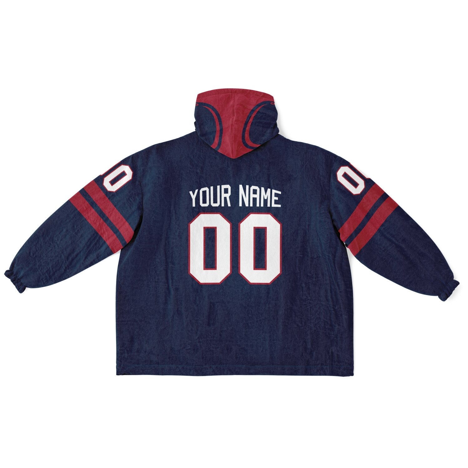 Nautical blue and red classic snug hoodie featuring jersey-style stripes and personalized name and number.
