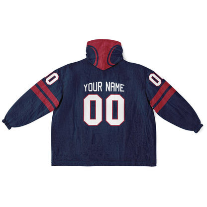 Nautical blue and red classic snug hoodie featuring jersey-style stripes and personalized name and number.