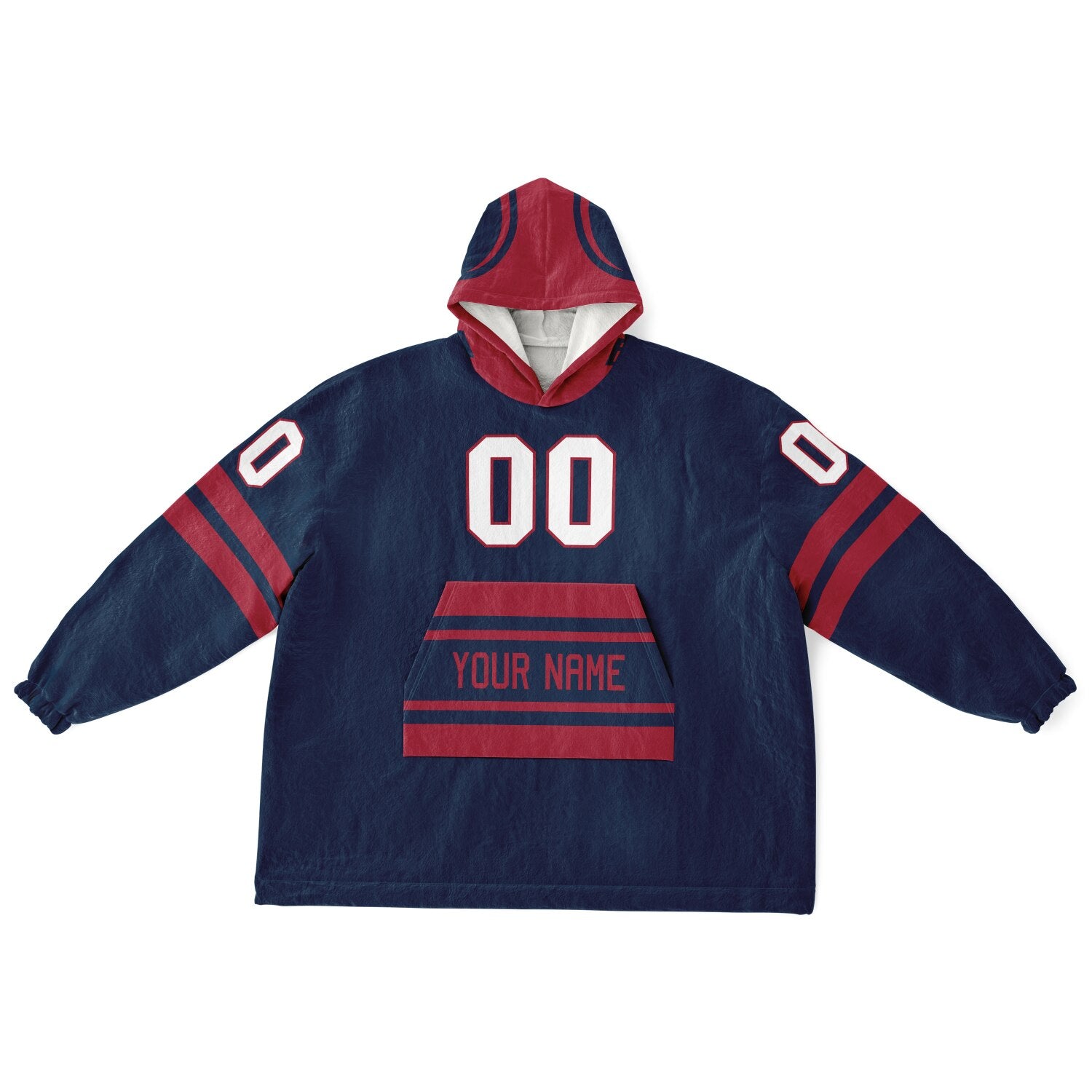 Nautical blue and red classic snug hoodie featuring jersey-style stripes and personalized name and number.