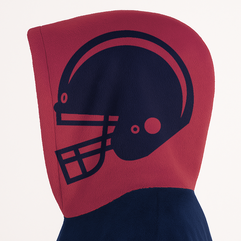 Nautical blue and red classic snug hoodie featuring jersey-style stripes and personalized name and number.