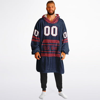 Nautical blue and red classic snug hoodie featuring jersey-style stripes and personalized name and number.