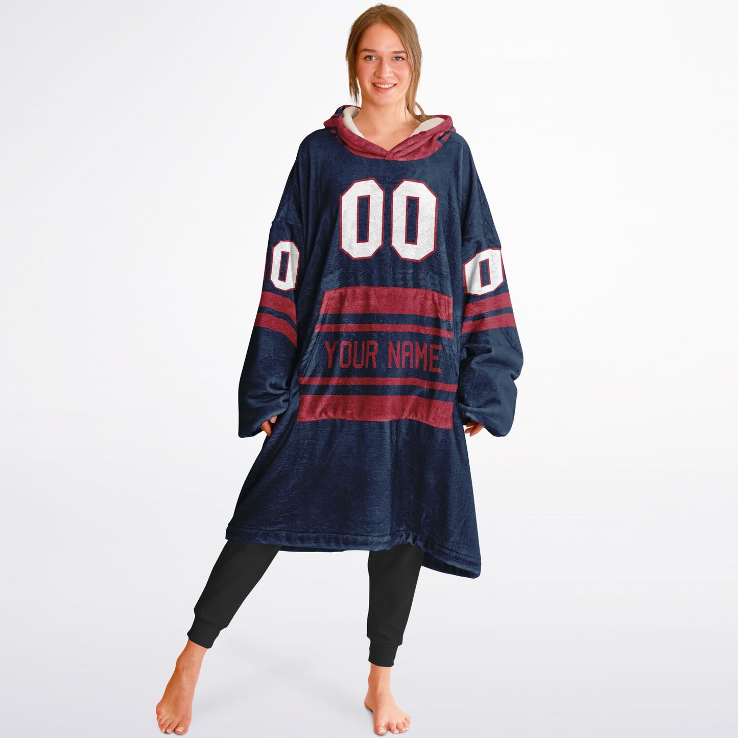 Nautical blue and red classic snug hoodie featuring jersey-style stripes and personalized name and number.