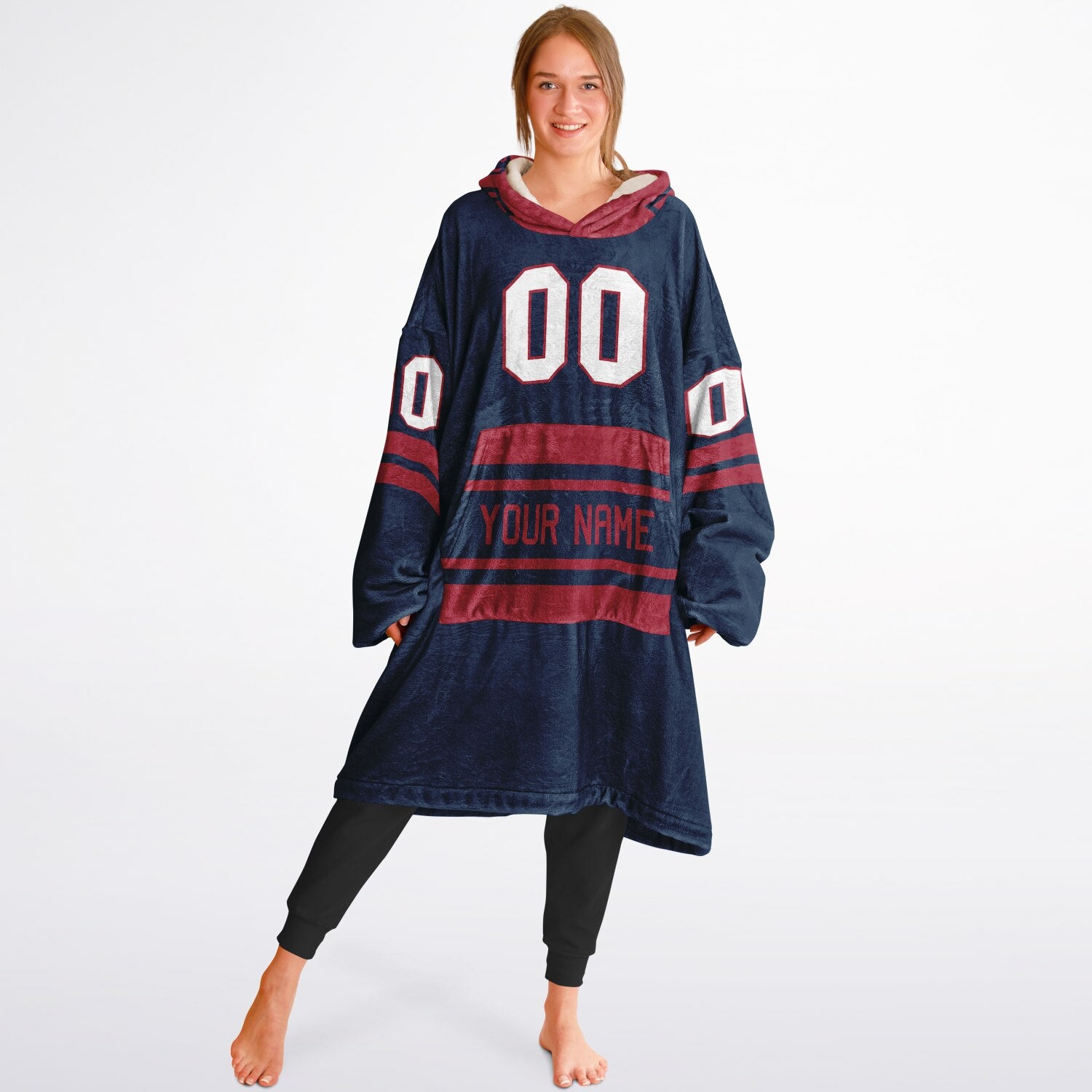 Nautical blue and red classic snug hoodie featuring jersey-style stripes and personalized name and number.
