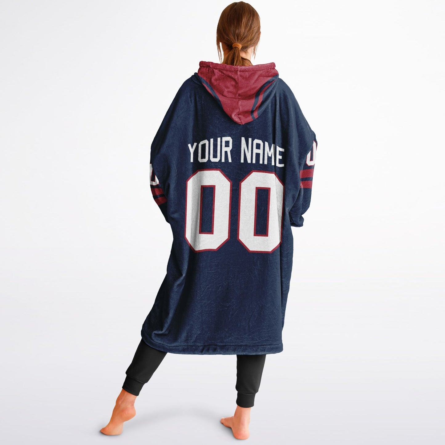 Nautical blue and red classic snug hoodie featuring jersey-style stripes and personalized name and number.