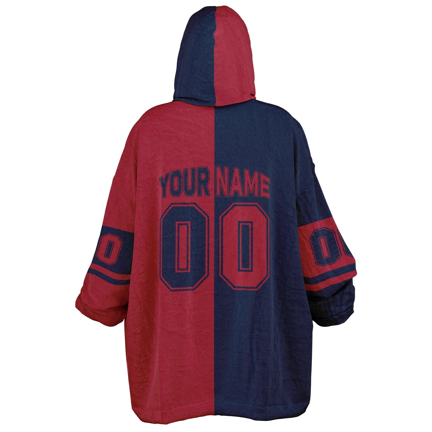 Nautical blue and red halftime snug hoodie featuring a symmetrical split design for a dynamic game-day look.
