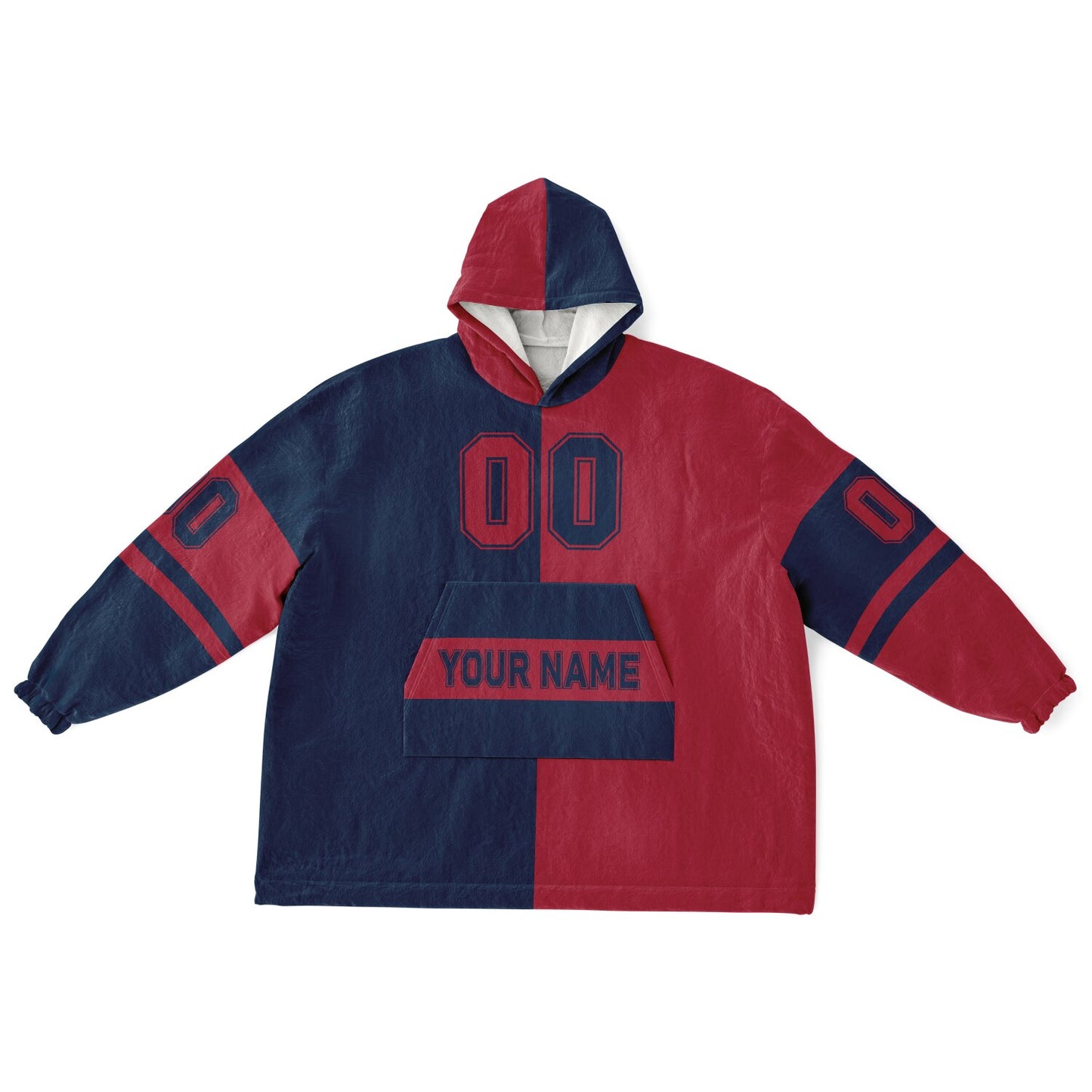 Nautical blue and red halftime snug hoodie featuring a symmetrical split design for a dynamic game-day look.