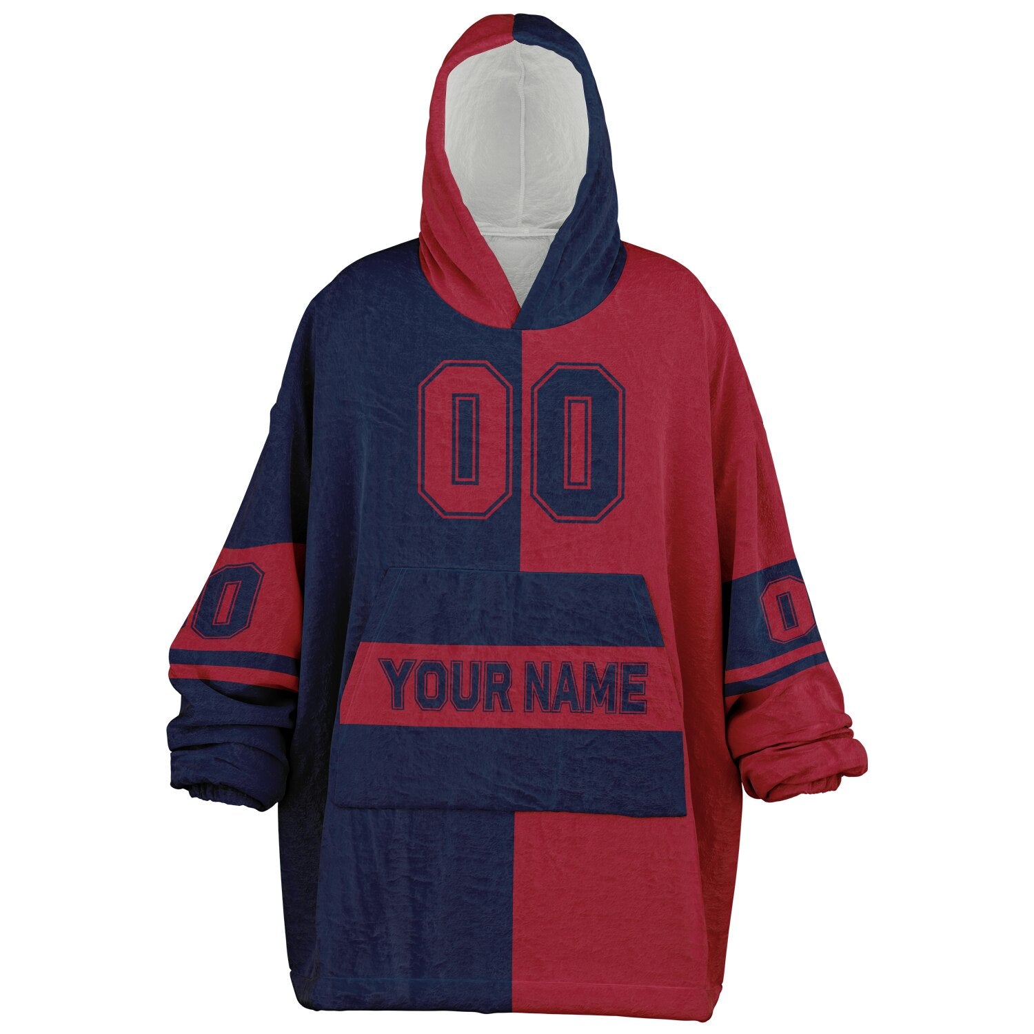 Nautical blue and red halftime snug hoodie featuring a symmetrical split design for a dynamic game-day look.