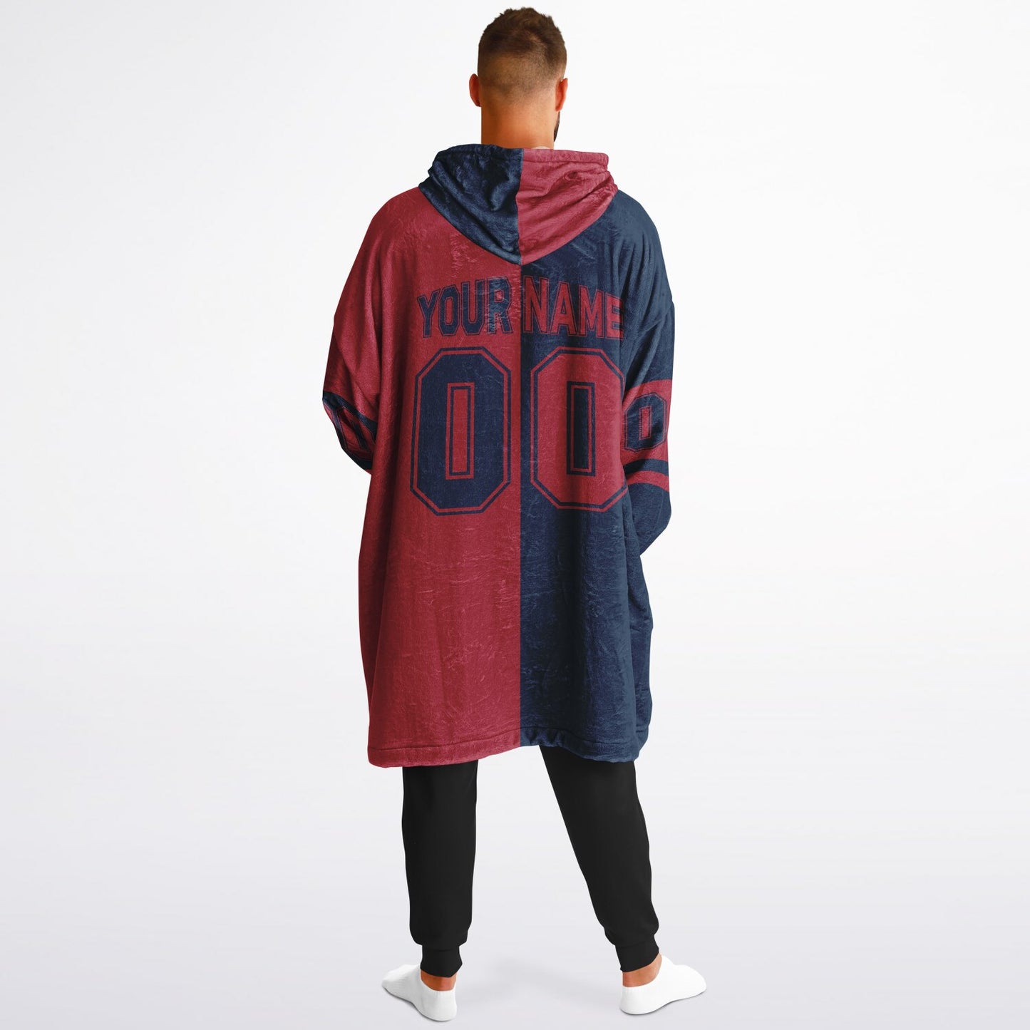 Nautical blue and red halftime snug hoodie featuring a symmetrical split design for a dynamic game-day look.