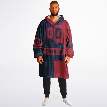 Nautical blue and red halftime snug hoodie featuring a symmetrical split design for a dynamic game-day look.