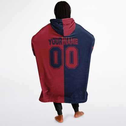 Nautical blue and red halftime snug hoodie featuring a symmetrical split design for a dynamic game-day look.
