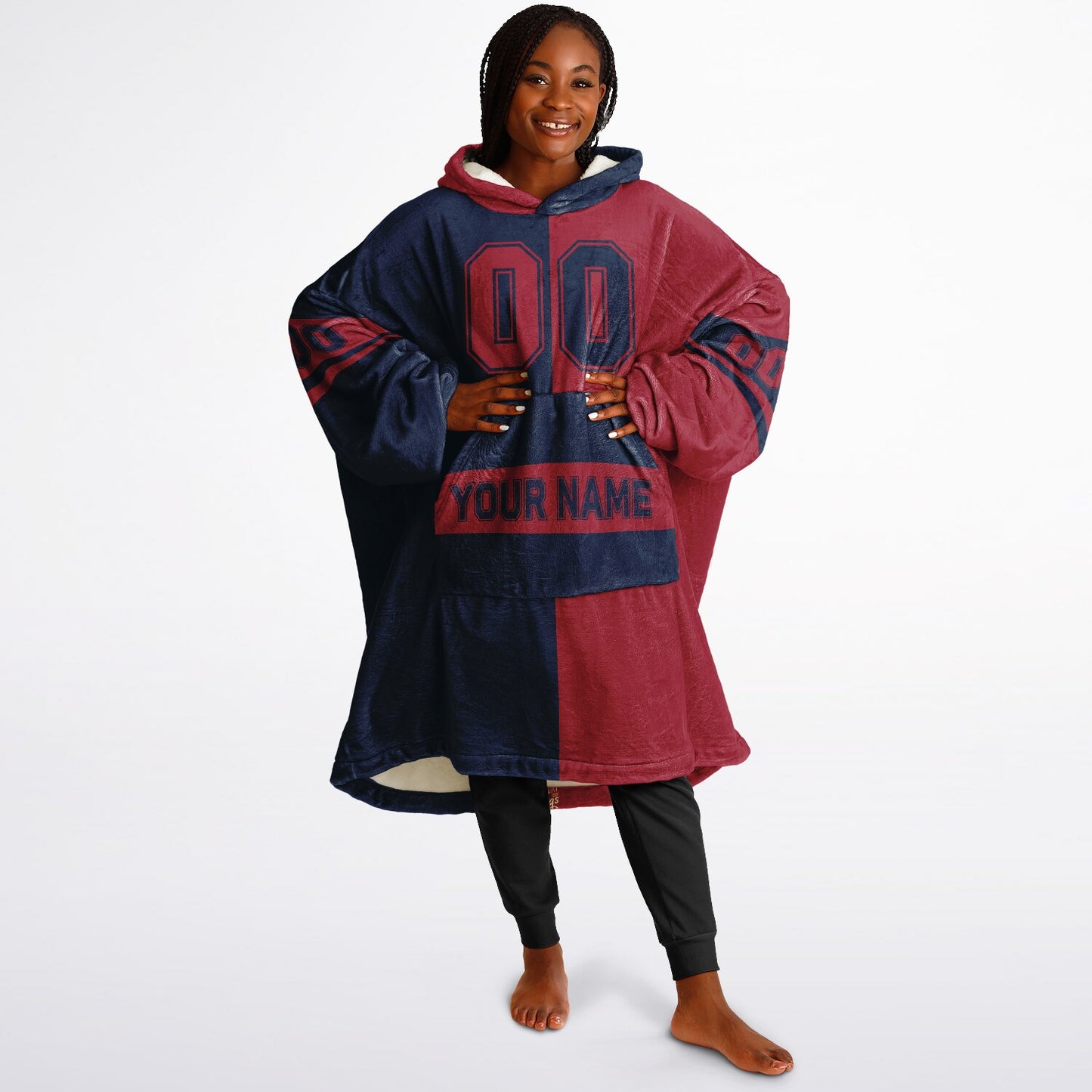 Nautical blue and red halftime snug hoodie featuring a symmetrical split design for a dynamic game-day look.