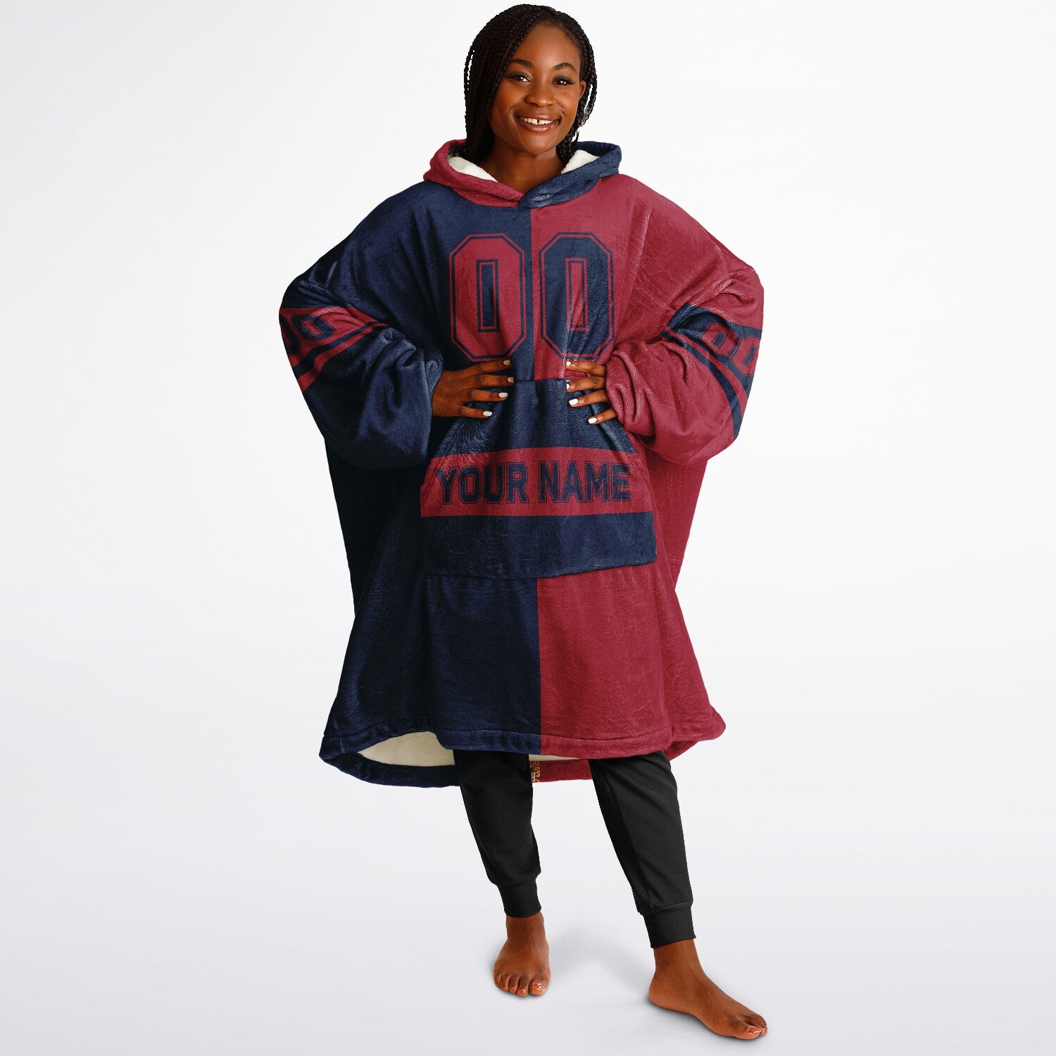 Nautical blue and red halftime snug hoodie featuring a symmetrical split design for a dynamic game-day look.